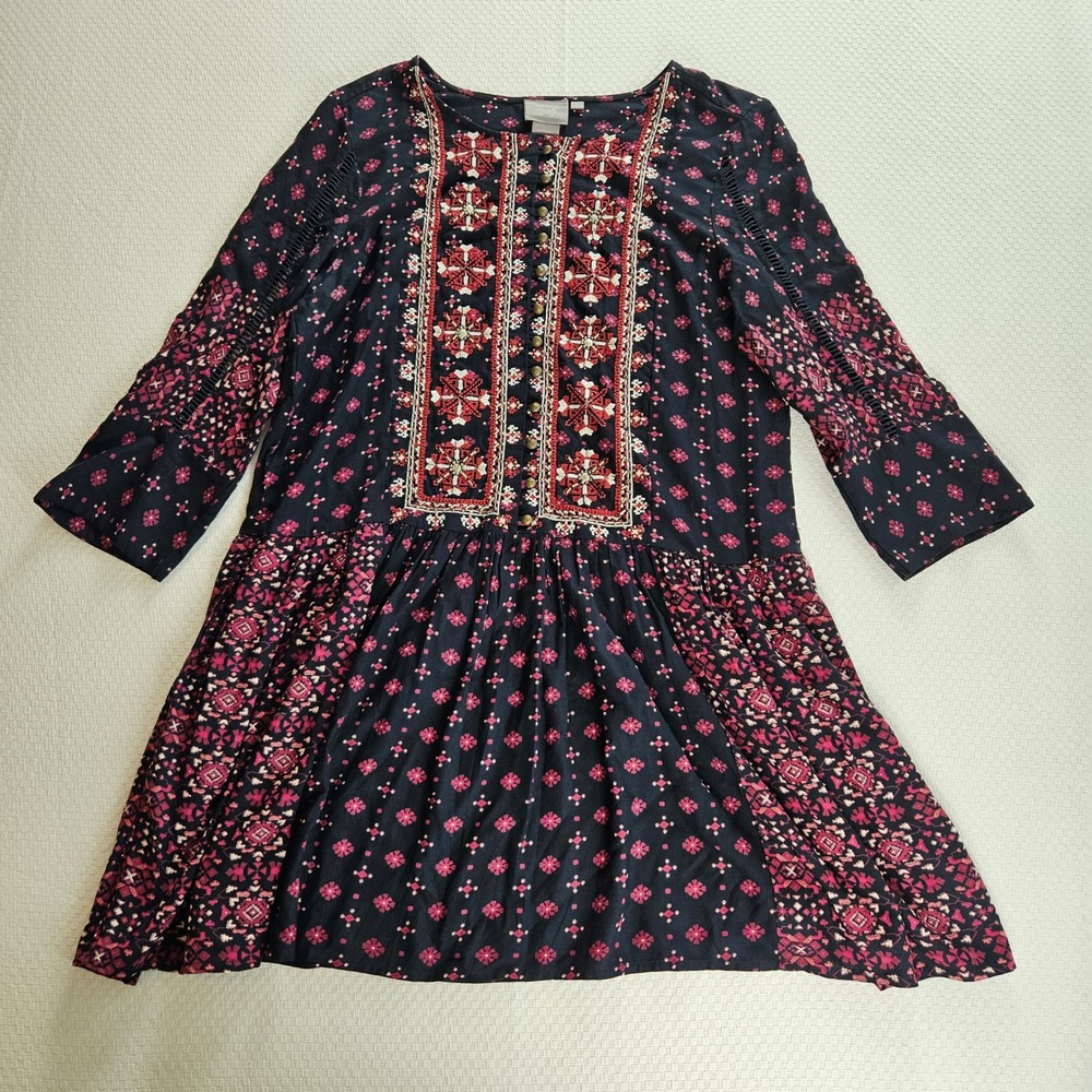 Vanessa Virginia Anthropologie Boho Embroidered Beaded Tunic Dress M Festival